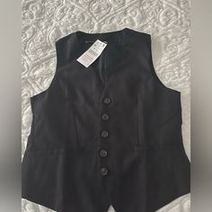 Brand New Black Button Down Vest It Says Xs But This Runs Big Fits More Like A Medium Tailored Black Tops With Buttons, Mock Neck Blouse, Strap Crop Top, White Crewneck, Crop Top Shirts, Down Vest, Polo Shirt Women, Tunic Shirt, Black Button