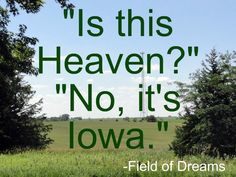 a field with trees in the background and a quote on it that says is this heaven? no, its iowa