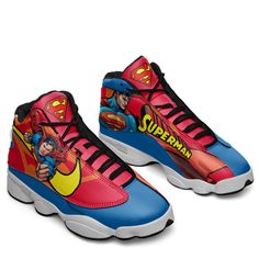 Superman J13 Sneakers Super Heroes Custom Shoes-Gear Wanta Mid-top Leather Sneakers For Sports Events, Leather High-top Sneakers For Sports Events, Leather Mid-top Sneakers For Sports Events, Custom High-top Sneakers With Rubber Sole For Sports, High-top Custom Sneakers With Rubber Sole For Sports Events, Leather Sneakers For Sports Events With Round Toe, High-top Leather Basketball Shoes With Red Sole, Sneakers With Rubber Sole For Sports, Round Toe, Sneakers With Rubber Sole For Sports Events