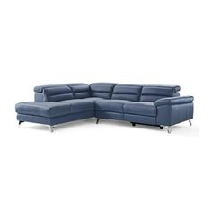 a blue leather sectional sofa with two reclinings and one end facing the couch