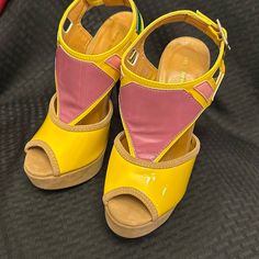 Shoe Republic La 5.5” Yellow & Purple Platform Heels. Size 7.5. Yellow Across Toe Area. Purple Across Foot. Color Blocks Of Pink & Orange On Sides. Blocks Of Green Along Ankle Strap. Item #885 Purple Platform Heels, Yellow Purple, Platform Heels, Pink Orange, Pink And Orange, Ankle Strap, Color Block, Size 7, Orange