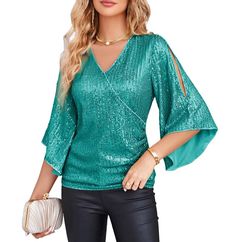 PRICES MAY VARY. 【SIZE】The sparkly party blouse is made with a slim fit design and low stretchy（Will be 1-2 cm smaller than actual size）, please choose One Size Up if you want a more relaxed feeling 【Features】Sequin tops for women - Sexy v neck, 3/4 bell sleeves, split sleeves; The glitter sparkly blouse is designed to be slim-fitting, which creates a flattering silhouette and adds to the overall dressy look 【Material】Full shiny sequin cover, The sparkle top is made of high-quality sequin fabric Green Sequin Top Outfit, Jollywood Nights, Sequins Top Outfit, Sparkly Blouse, Guest Ideas, Glitter Blouse, Split Sleeve Top, Deck Seating, Dressy Jeans