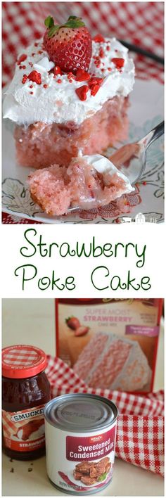 strawberry poke cake with whipped cream on top