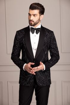 Black full sleeves shawl lapel collar tuxedo with all over celeste bloom embroidery using tonal cutdana and nalki highlights. Paired with a trouser. - Aza Fashions Elegant Tuxedo For Black-tie Festive Events, Fitted Blazer For Black-tie Festive Events, Festive Fitted Blazer For Black-tie Events, Festive Fitted Tuxedo For Black-tie Events, Black Evening Suit With Shawl Collar, Black Shawl Collar Evening Suit, Long Sleeve Tuxedo For Black-tie And Festive Events, Festive Evening Suits With Suit Collar, Festive Evening Suit With Suit Collar