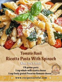 a poster advertising pasta with spinach and tomatoes