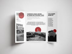 an open brochure with black and white photos on it, including red circles