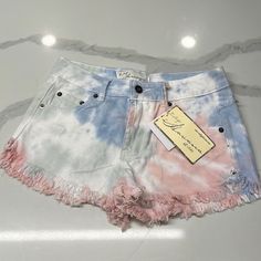 Denim Tinted Shorts Cotton Jeans For Summer Vacation, Summer Beach Cotton Jeans, Casual High Waist Multicolor Jeans, Pink Bottoms With Frayed Hem For Summer, Spring Tie Dye Jeans, Casual High Waist Pink Shorts, Casual Summer Jeans For Vacation, Pink Jean Shorts For Summer, Casual Summer Vacation Jeans