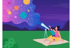 two people are sitting on a blanket looking at the stars and planets with a telescope