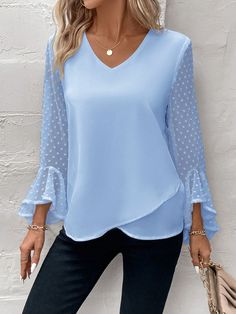 Baby Blue Casual Collar Wrist-Length Sleeve Woven Fabric Colorblock,Plain Top Embellished Non-Stretch  Women Clothing Flared Sleeves Top, Plain Tops, Flounce Sleeve, Sleeves Top, Swiss Dot, Solid Clothes, Tops Fall, Inspiration Mode, Solid Tops