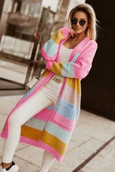 Multicolor Color Block Knit Pocketed Open Front Cardigan Long Duster Coat, Full Length Coat, Rib Knit Cardigan, Colored Cardigans, Pocket Cardigan, Duster Cardigan, V Neck Cardigan, Open Front Cardigan