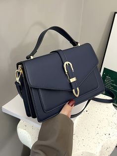 Navy Blue Elegant Collar  PU Leather Plain Square Bag Embellished   Women Bags Trendy Leather Bags, Shein Bags, Elegant Purse, Navy Handbag, Navy Blue Bag, Navy Purse, Hand Bags For Women, Navy Bag