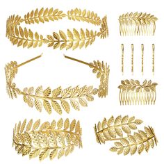 PRICES MAY VARY. VALUED GREEK ROMAN HEADPIECE ARMLET SET：7 pieces ancient vintage greek goddess roman style ccessories in total,including 1pcs golden leaves branchs crown Tiara,1pcs gold leaf headband,2pcs gold leaf hair comb,2pcs golden upper arm cuff armlet,and 4pcs hair clip,it is great for bridal,or as a costume jewelry. HIGH QUALITY MATERIAL:These bridal headbands/arm band bracelet are made of high quality alloy,Exquisite plating and polishing technology make it exceedingly gorgeous and shi Greek Laurel, Arm Band Jewelry, Gold Leaf Headband, Ancient Roman Jewelry, Ancient Greek Jewelry, Headpiece Accessories, Roman Jewelry, Laurel Leaf, Gold Hair Accessories