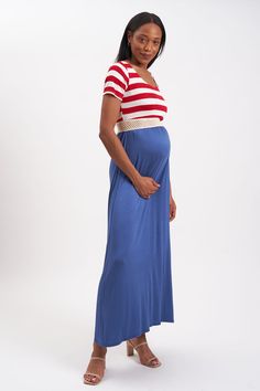 Maxi maternity dress for 4th of July - red and white striped bodice with blue skirt. Casual Maxi Maternity Dress, Nursing Friendly Maxi Maternity Dress, Bump Friendly Maternity Maxi Dress, Bump Friendly Maxi Maternity Dress, Red Summer Maternity Dress, Blue Maternity Maxi Dress, Fitted Floor-length Maxi Dress For Maternity, Blue Fitted Maxi Maternity Dress, Blue Maxi Length Maternity Dress