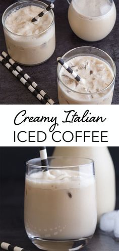 two glasses filled with ice coffee next to milk and straws on a table top