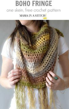 a woman wearing a crocheted shawl with text that reads boho fringe one skein, free crochet pattern mama in a stitch