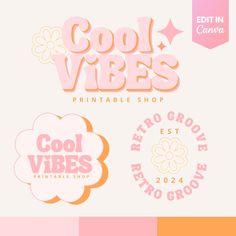 the cool vibes printable shop logo is shown in pink, yellow and orange