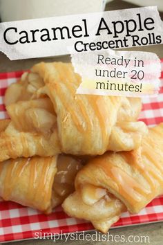 caramel apple crescent rolls on a red and white checkered tablecloth with text overlay