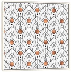 an art print in a wooden frame on a white background with orange circles and lines