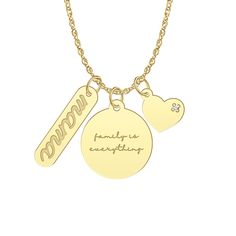 A perfect gift for a mother, this beautiful three-piece family charm necklace includes a mama engraved charm, a Family is everything engraved charm, and a heart charm with a diamond accent, all crafted in 10K yellow gold. These lovely charms hang from an adjustable 10K yellow gold rope chain that measures 16 to 18 inches long. | Three-Piece Family Charm Mama Necklace with Diamond Accent | 10K Yellow Gold | Size 18" | Helzberg Diamonds Mother's Day Charms For Mom, Mother's Day Charms Gift For Mom, Elegant Personalized Charms As A Gift For Mom, Mother's Day Gift For Mom Charms, Elegant Charms For Anniversary And Mother's Day, Mother's Day Jewelry With Nameplate Charms, Mother's Day White Gold Charm Necklace, White Gold Charm Necklace For Mother's Day, Yellow Gold Charms Necklace For Mother's Day