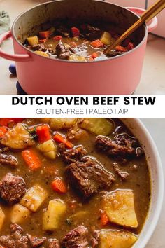 two pictures showing different types of beef stew in the same pot, one with potatoes and carrots