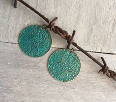 Turquoise verdigris patina earrings.. Romantic, vintage chic, boho Statement earrings I have used solid brass, antiques bronze plated ear wires. All earring hooks are nickel free. Earring length from top of hook to bottom of earring is 52mm. Each pieces are hand finished and may vary a little from pair to pair. Bohemian Earrings With Antique Finish For Jewelry Making, Vintage Bronze Earrings With Patina, Bronze Vintage Earrings With Patina, Green Bohemian Earrings With Patina, Bohemian Patina Earrings For Gift, Green Patina Bohemian Earrings, Bohemian Patina Earrings Gift, Green Bohemian Jewelry With Vintage Charm, Green Bohemian Patina Earrings