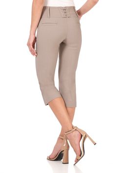 You're quite the secret helper for your friends and colleagues, always trying to cover up for them. These breezy capris do the same for you with their wide waistband that’s carefully hidden inside the elastic. They also have cute back lacing details that add a bit of flair. With their super slimming effect and original styling, they can surely be your go-to capris on all days of the week. Silver eyelets with self-fabric lacing Front waist with extension and tonal button details Real front pocket Casual Stretch Beige Capris, Versatile Bottoms With 4-way Stretch And Short Leg, Versatile Capri Length Bottoms For Workwear, Capris With Elastic Waistband, Stretch Capri Length Bottoms For Work, Stretch Capri Bottoms For Work, Fitted Capri Length Bottoms For Summer, Fitted Capri Length Bottoms For Spring, Fitted Capris For Summer