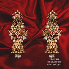 Antique Jhumka,antique buttalu indian,indian gold earrings,chandbali jhumka,ruby emerald jhumka,chandbali earrings,silver Jadtar Earrings, Indian Gold Earrings, Earrings Chandbali, Antique Jhumka, Saree Function, Blouse Works, Antique Gold Earrings, Gold Jhumka Earrings, Blouse Ideas