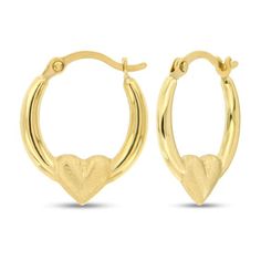 These darling 14K yellow gold earrings feature a classic hoop design adorned with a heart. The earrings secure with hinged backs. Tarnish Resistant Heart Hoop Earrings For Anniversary, Elegant Huggie Earrings For Valentine's Day, Classic Gold Open Heart Earrings, Small Hoop Yellow Gold Earrings For Valentine's Day, Valentine's Day Huggie Earrings With Heart Charm, Valentine's Day Heart Charm Huggie Earrings, Valentine's Day Heart Charm Huggie Earrings For Anniversary, Gold Hoop Earrings With Heart Charm, Gold Open Heart Huggie Earrings For Anniversary