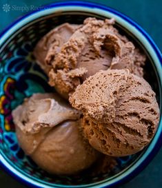 three scoops of chocolate ice cream in a bowl