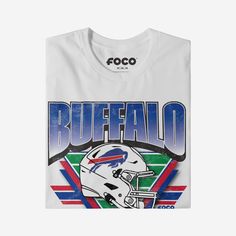 a white buffalo football t - shirt with the words buffalo and a helmet on it