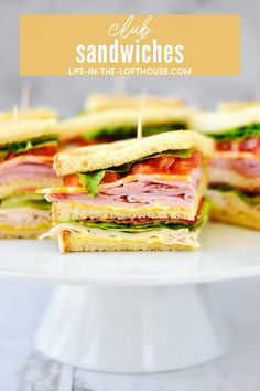 a sandwich cut in half sitting on top of a white plate with text overlay