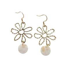 Enhance your ensemble with a delicate floral touch by donning these Maisy Earrings - Cream. Composed of a gold alloy, these earrings feature striking daisy charms crafted from 18K gold-plated hypoallergenic stainless steel, paired with lightweight and durable plant-based acrylic. Perfect for complementing a sundress, these earrings will add a playful and distinctive flair to your look. Dainty Spring Flower Earrings For Pierced Ears, Rose Gold Metal Drop Flower Earrings, Rose Gold Metal Drop Earrings, Trendy Single Flower-shaped Earring, Trendy Single Flower Shaped Earring, Delicate Flower Charm Earrings For Spring, Delicate Drop Earrings For Spring, Gold Plated Flower Charm Earrings, Delicate Flower Shaped Earrings For Spring