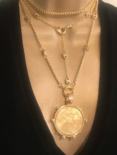 Gold Medallion, Medallion Necklace, Lariat Necklace, An Angel, Micro Pave, Box Chain, Multi Layering, Long Necklace, Equestrian