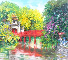 a painting of a red bridge over a body of water