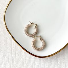 Our Ella Crystal Studded Hoop Earrings are modern, minimalist huggies with the just right amount of bling! Gold Plating on brass with cubic zirconia. Medium : diameter about 7/8 in. Small: diameter a little less than 5/8 in. Earrings are FINAL SALE for hygienic reasons Belly Chain, Moon Earrings, Metal Earrings, Gold Plating, Layered Necklaces, Vintage Metal, Modern Minimalist, Statement Earrings, Final Sale