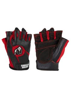 a pair of black and red boxing gloves with the logo gorilla on each hand,