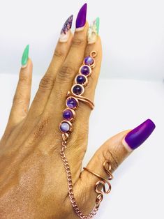 Amethyst Chakra Wand Ring, Amethyst Stone Jewelry, Gemstones, Amethyst Ring, Amethyst Jewelry, Crystal Ring, Meditation '''''''''''''''''''''''''''''''''''''''''''''''''''''''''''''''''''''' All rings adjust Chakra ring not only eye catching style but healing capabilities. Copper works as an energy conductor so it amplifies the energy of the chakra stones. Crystals are like friends and they help to reveal different layers of yourself. So use your ring as a feel good reminder to listen to your bo Purple Bohemian Hand Wrapped Jewelry, Purple Bohemian Hand-wrapped Jewelry, Purple Hand Wrapped Bohemian Jewelry, Lavender Stone Jewelry Gift, Purple Amethyst Bohemian Jewelry, Bohemian Amethyst Purple Jewelry, Adjustable Natural Stones Toe Ring, Adjustable Natural Stone Toe Ring, Mystical Purple Jewelry With Natural Stones