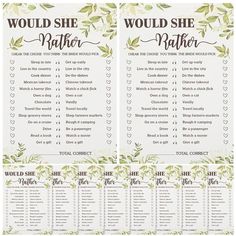 two wedding seating cards with the words would she rather be married? and green leaves