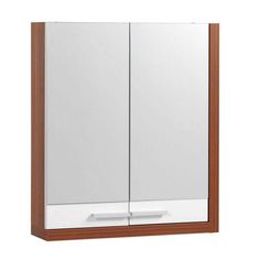 a bathroom medicine cabinet with glass doors and wood trimmings on the bottom shelf