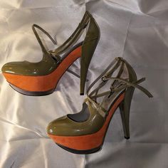 Stiletto Platform Sandal. Olive Patent Upper And Suede Platform. Size 8.5. Like New. 4 Inch Heel. New, Never Worn. No Tags Or Box. Orange Platform Heels With Round Toe, Orange High Heel Platform Shoes, Orange Platform Heels With High Heel, Orange Platform Heels With Closed Toe, Orange Platform High Heels, Orange Patent Leather Pointed Toe Heels, Orange Patent Leather Heels With Round Toe, Orange Patent Leather High Heels, Orange Platform Sandals For Evening