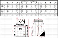 the basketball uniform and shorts measurements for each player in this team's uniforms are shown