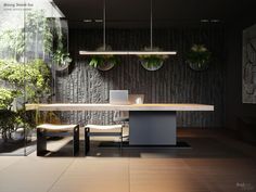 a table with two chairs and a laptop on it in front of some potted plants