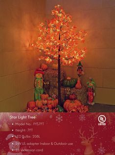 a christmas tree with lights on it and decorations in the foreground, next to hay bales filled with pumpkins