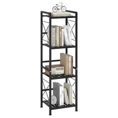 a book shelf with books, magazines and a bicycle on it's top shelf