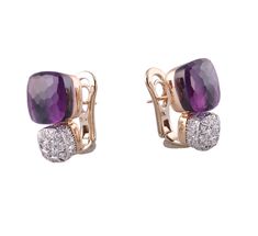 Pair of 18k gold Pomellato Nudo earrings, with amethyst and approx. 0.90ctw G/VS diamonds. Brand new, old stock. Just purchased inventory of a high end boutique in Europe. All retail prices displayed on the items are from the early 2000s. Current retail prices are significantly higher. DESIGNER: Pomellato MATERIAL: 18k Gold GEMSTONES: Diamond, Amethyst DIMENSIONS: Earrings are 23mm x 12.5mm. MARKED/TESTED: Pomellato, 750. WEIGHT: 19.5 grams CONDITION: Brand New/ Store Sample Luxury Purple Earrings For Anniversary, Luxury Amethyst Earrings For Formal Occasions, Luxury Purple Earrings For Evening, Pomellato Earrings Jewelry, Luxury Amethyst Fine Jewelry Earrings, Luxury Pierced Amethyst Earrings, Pomellato Iconica Earrings, High End Boutique, Luxury Large Amethyst Pendant Jewelry