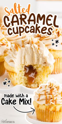 some cupcakes with frosting and caramel on top are shown in this advertisement