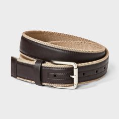 Give your casual outfit a stylish, polished update with this Stretch Overlay Webbed Belt from Goodfellow & Co™. The khaki stretch overlay belt features a webbed design with stitch detailing on the side for a classic look, while a shiny metal buckle closure with multiple holes helps you to get a customized fit. Pair it with everything from a jeans-and-tee combo to a button-down and khakis for a perfectly sleek finishing touch. Goodfellow & Co™: Where style & fit are always in good company. Casual Fitted Leather Belt, Casual Belts For Workwear In Spring, Casual Brown Belt For Fall, Casual Belts For Spring Workwear, Casual Brown Belt For Workwear, Casual Spring Belts For Workwear, Casual Brown Belt For Work, Brown Belts For Spring Workwear, Men’s Belts