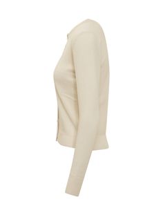 Beige long sleeve cardigan. Crew neck. Front button closure. Ribbed collar, cuffs and bottom.Composition: 100% Virgin Wool Elegant Fine Knit Outerwear In Solid Color, Elegant Long-sleeved Cardigan With Button Closure, Elegant Long Sleeve Cardigan With Button Closure, Elegant Button-up Sweater, Elegant Solid Color Button-up Sweater, Long Sleeve Sweater With Button Closure For Formal Occasions, Formal Long Sleeve Sweater With Button Closure, Elegant Fitted Cardigan With Ribbed Cuffs, Fitted Fall Cardigan With Ribbed Cuffs