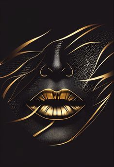 a woman's face with golden lipstick and gold lines on her lips, as if it