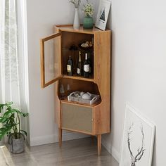 a wooden shelf with bottles and other items on it next to a potted plant